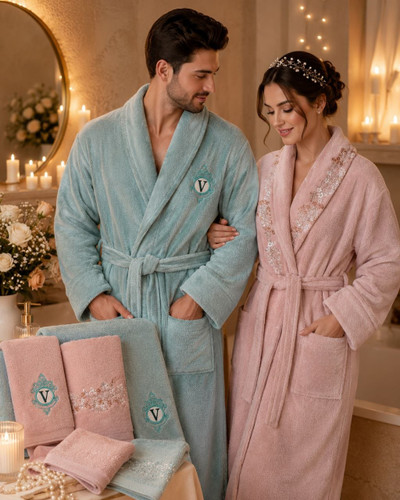 سرویس حوله ۱۰ تیکه Ventura گلدوزی شده کالباسی سبزآبی عروس و داماد نخی جاذب اصل با گارانتی - موجودی محدود