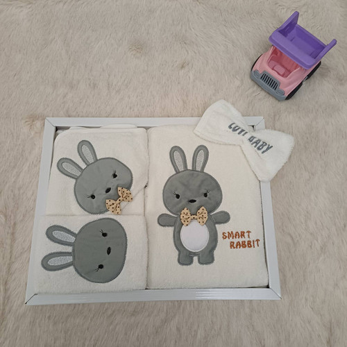 ست سیسمونی ۴ تیکه Lovi Baby جعبهای طرح خرگوش طوسی (تنپوش+کلاهدار+دستی+لیف) بدون پرز و حساسیت نخی نرم اصل با گارانتی - موجودی محدود