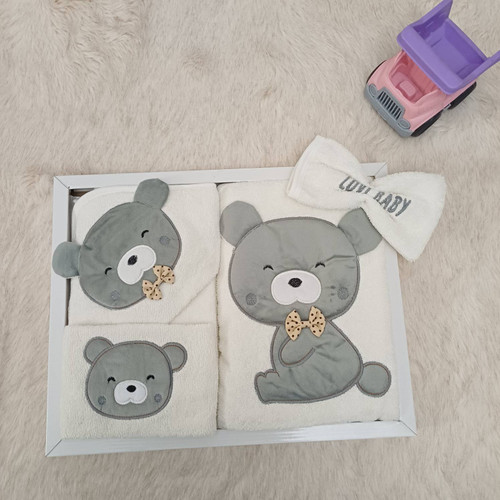 ست سیسمونی ۴ تیکه Lovi Baby جعبهای طرح خرس طوسی (تنپوش+کلاهدار+دستی+لیف) بدون پرز و حساسیت نخی نرم اصل با گارانتی - موجودی محدود