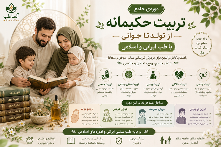 دوره جامع تربیت حکیمانه از تولد تا جوانی با طب ایرانی و اسلامی شامل آموزش مبانی تربیتی، مزاجشناسی، تغذیه و سبک زندگی سالم بر اساس آموزههای دینی و سنتی، مناسب والدین، مربیان و علاقهمندان به طب اسلامی-ایرانی، همراه با دسترسی مادامالعمر و پشتیبانی تخصصی - ظرفیت محدود و ویژه